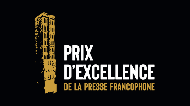 Sans titre 624 x 350 px 1 Logo for the Prix d’Excellence de la Presse Francophone with a gold sculpted column on the left and white and gold text on a black background.