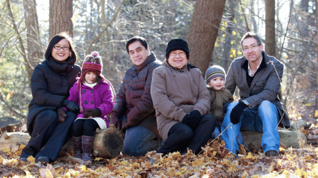 Sans titre 624 x 350 px Six family members sit together on a log in a wooded area with fallen leaves, smiling at the camera.